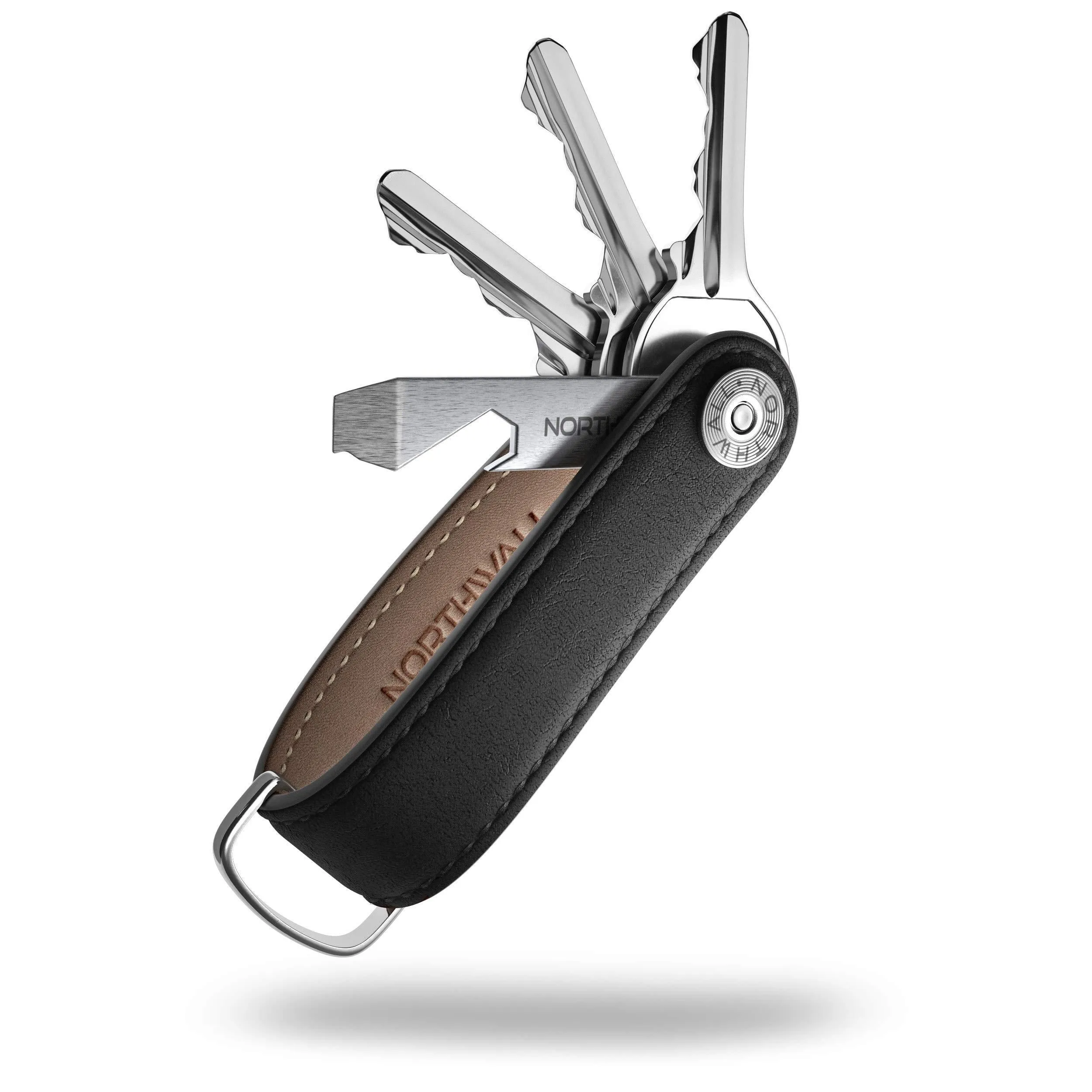Compact Key Organizer Leather Keychain - Pocket Smart Key Holder - 100% Real Leather - Secure Locking Mechanism - Key Chain up to 10 Keys & Tools - EDC Stainless Steel Bottle Opener Multitool