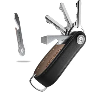 Compact Key Organizer Leather Keychain - Pocket Smart Key Holder - 100% Real Leather - Secure Locking Mechanism - Key Chain up to 10 Keys & Tools - EDC Stainless Steel Bottle Opener Multitool