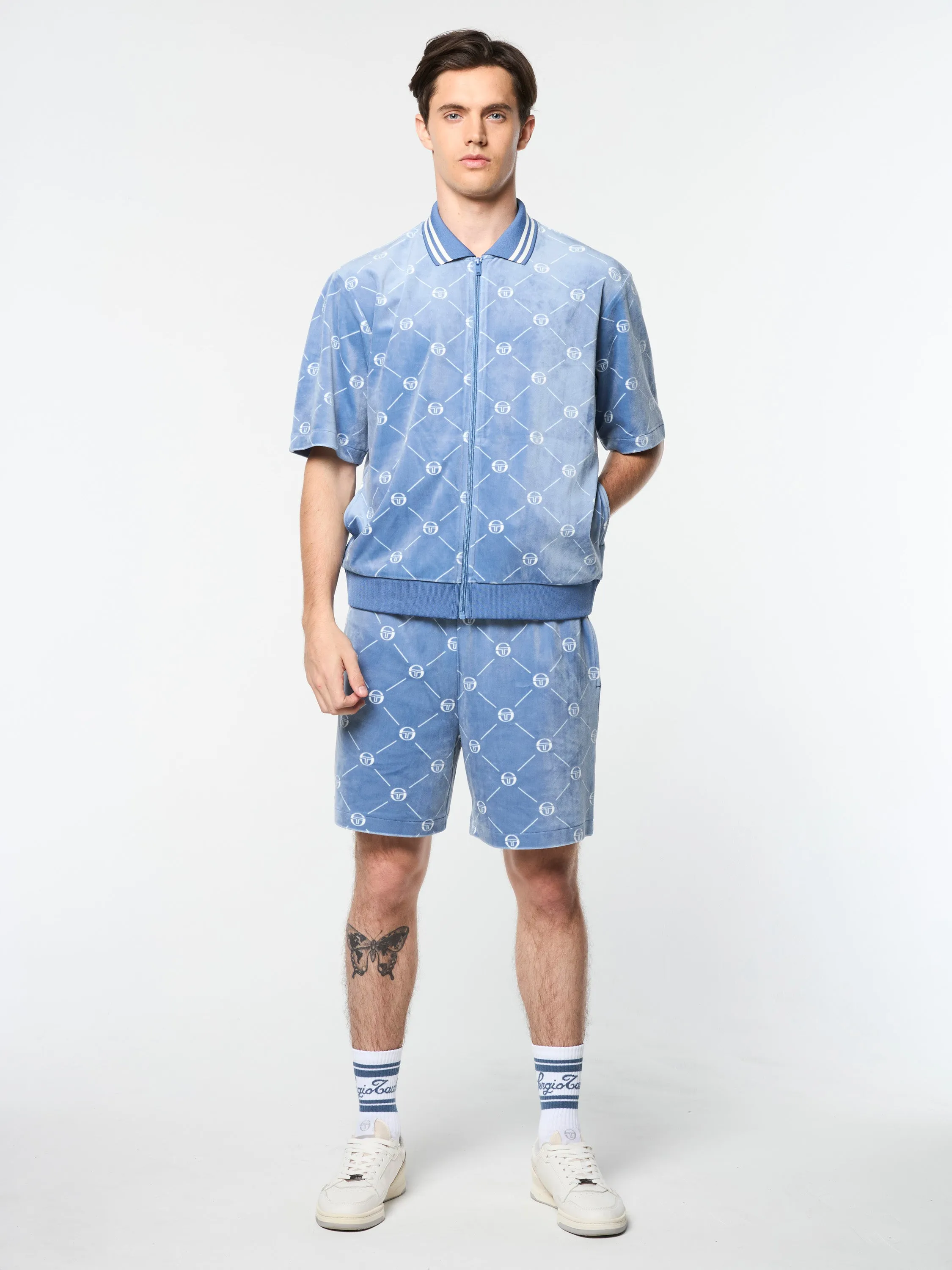 Cosimo Velour Zip-Up Polo- Faded Denim