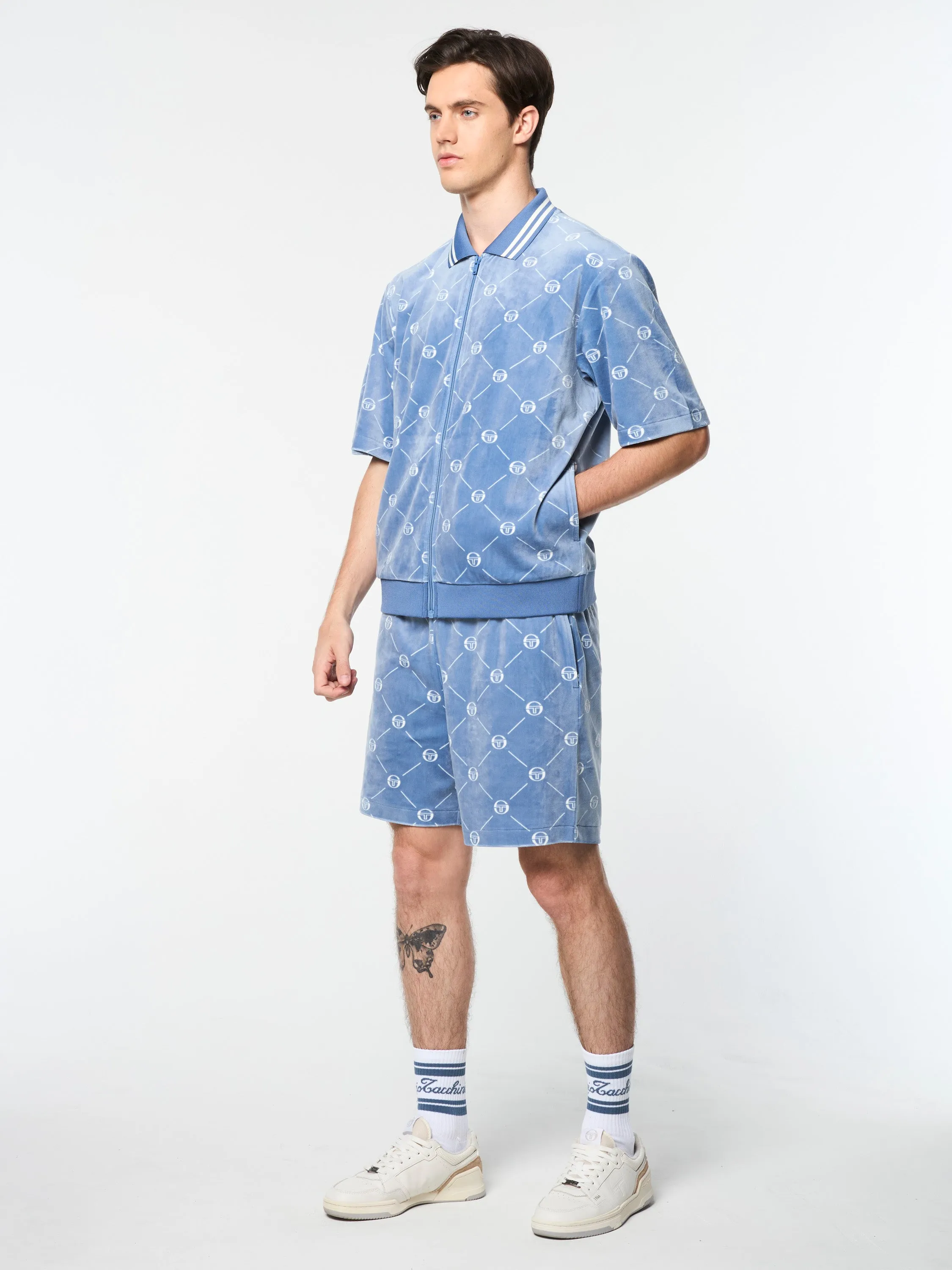 Cosimo Velour Zip-Up Polo- Faded Denim