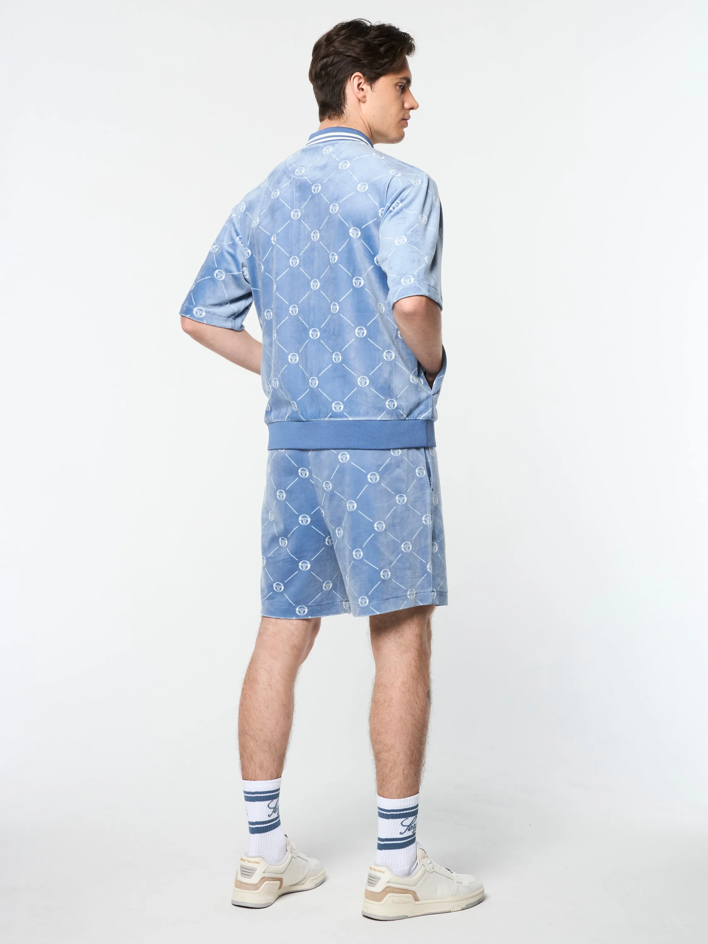 Cosimo Velour Zip-Up Polo- Faded Denim