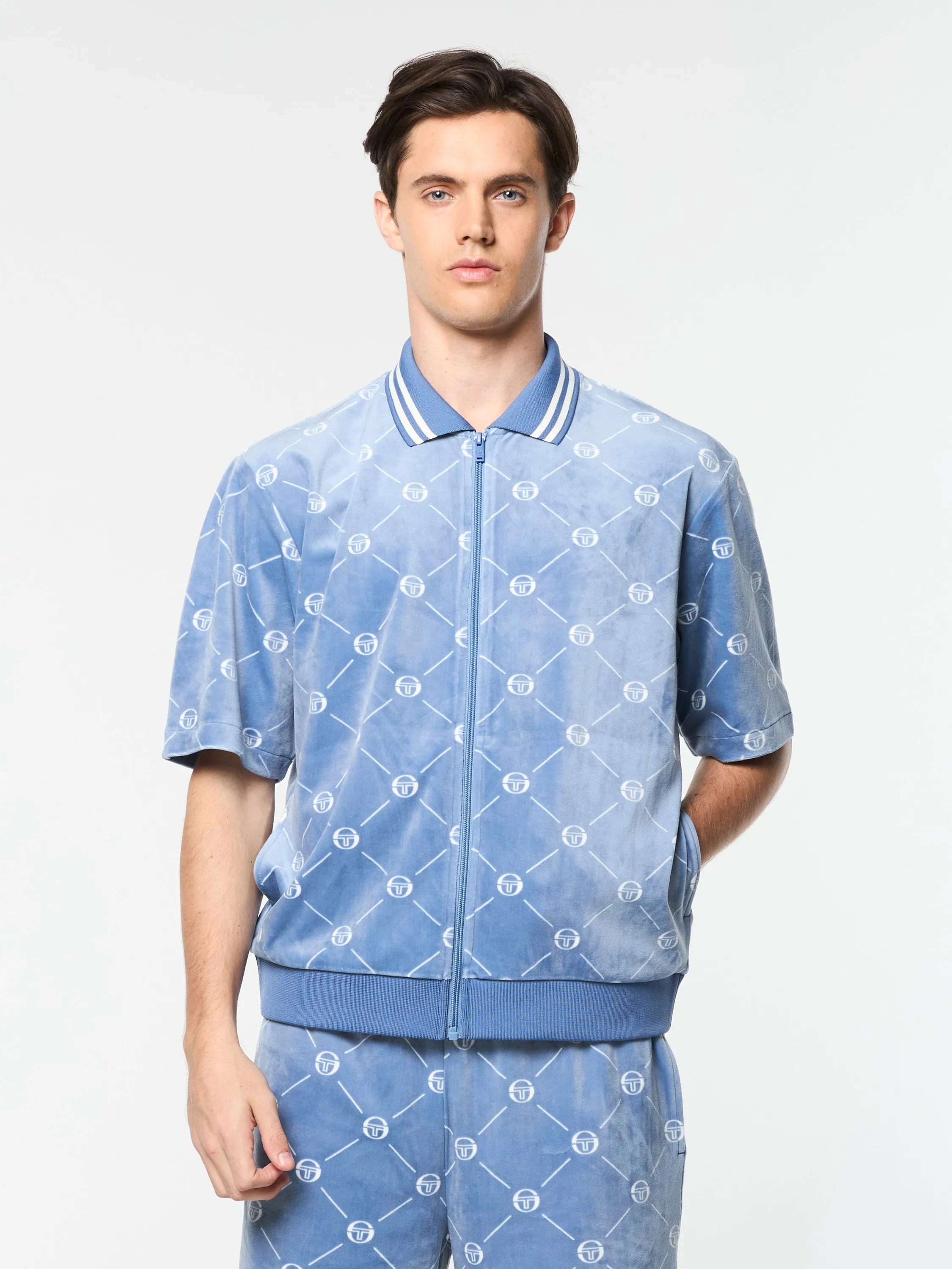 Cosimo Velour Zip-Up Polo- Faded Denim