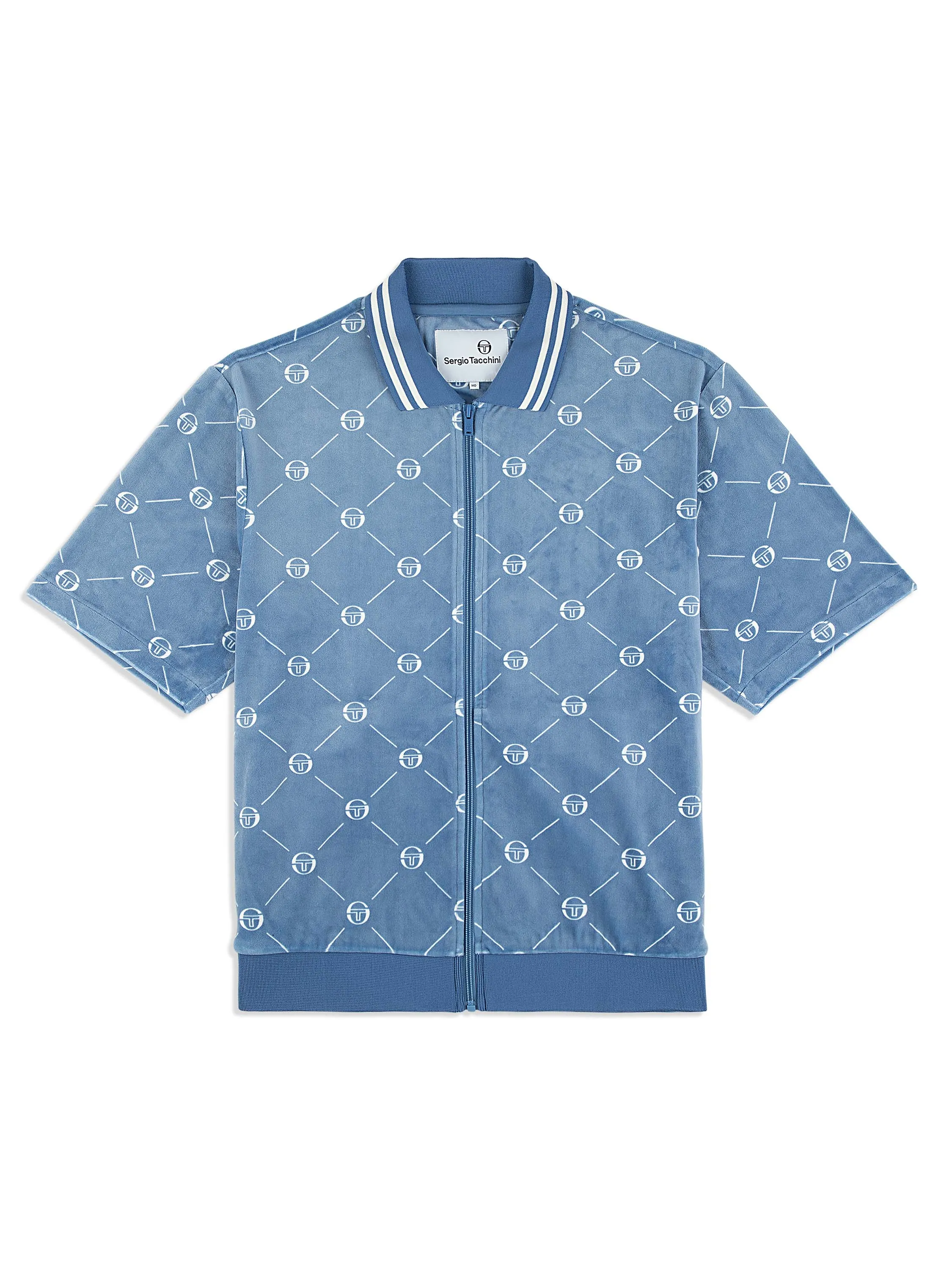 Cosimo Velour Zip-Up Polo- Faded Denim