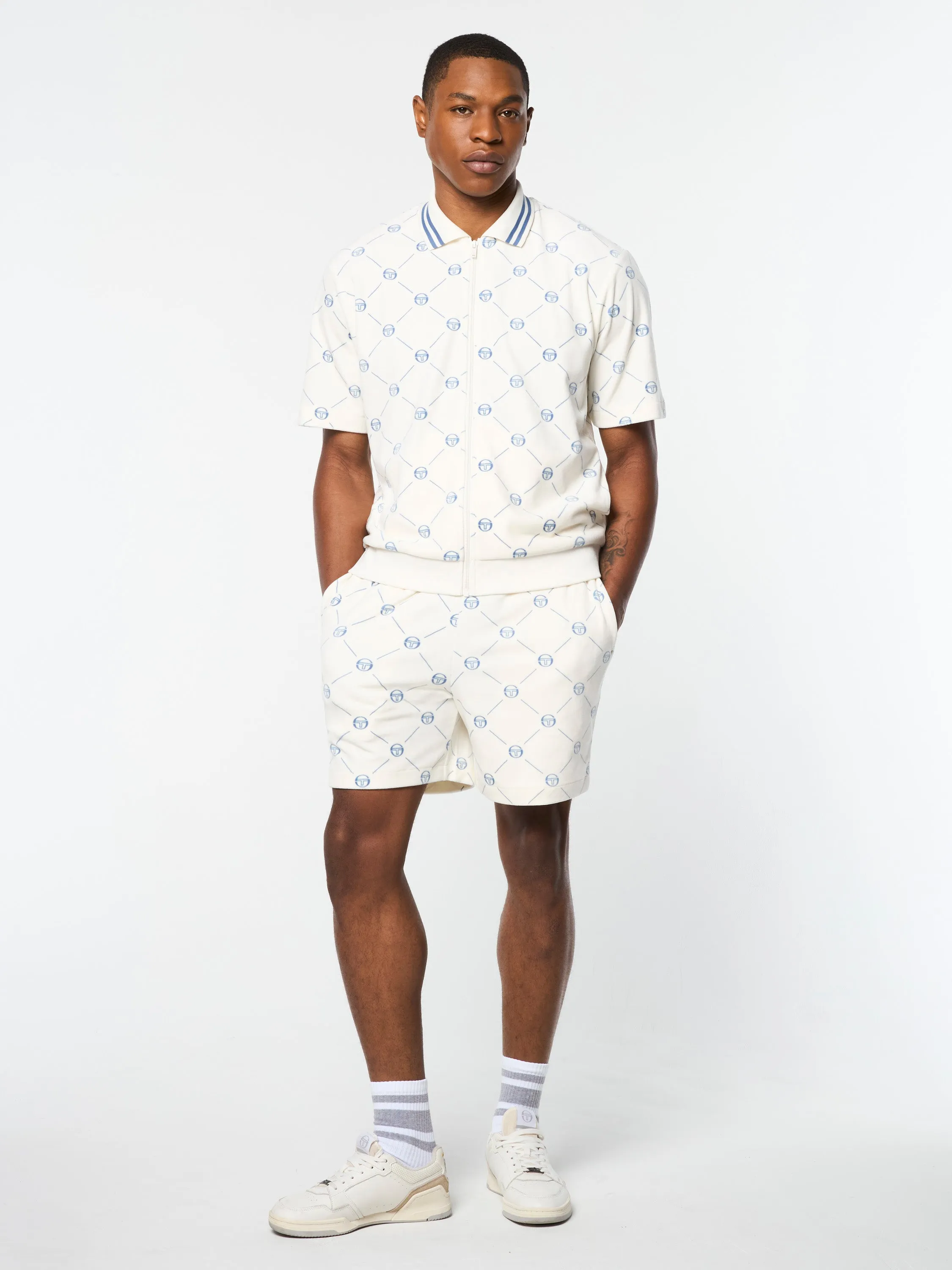 Cosimo Velour Zip-Up Polo- Gardenia
