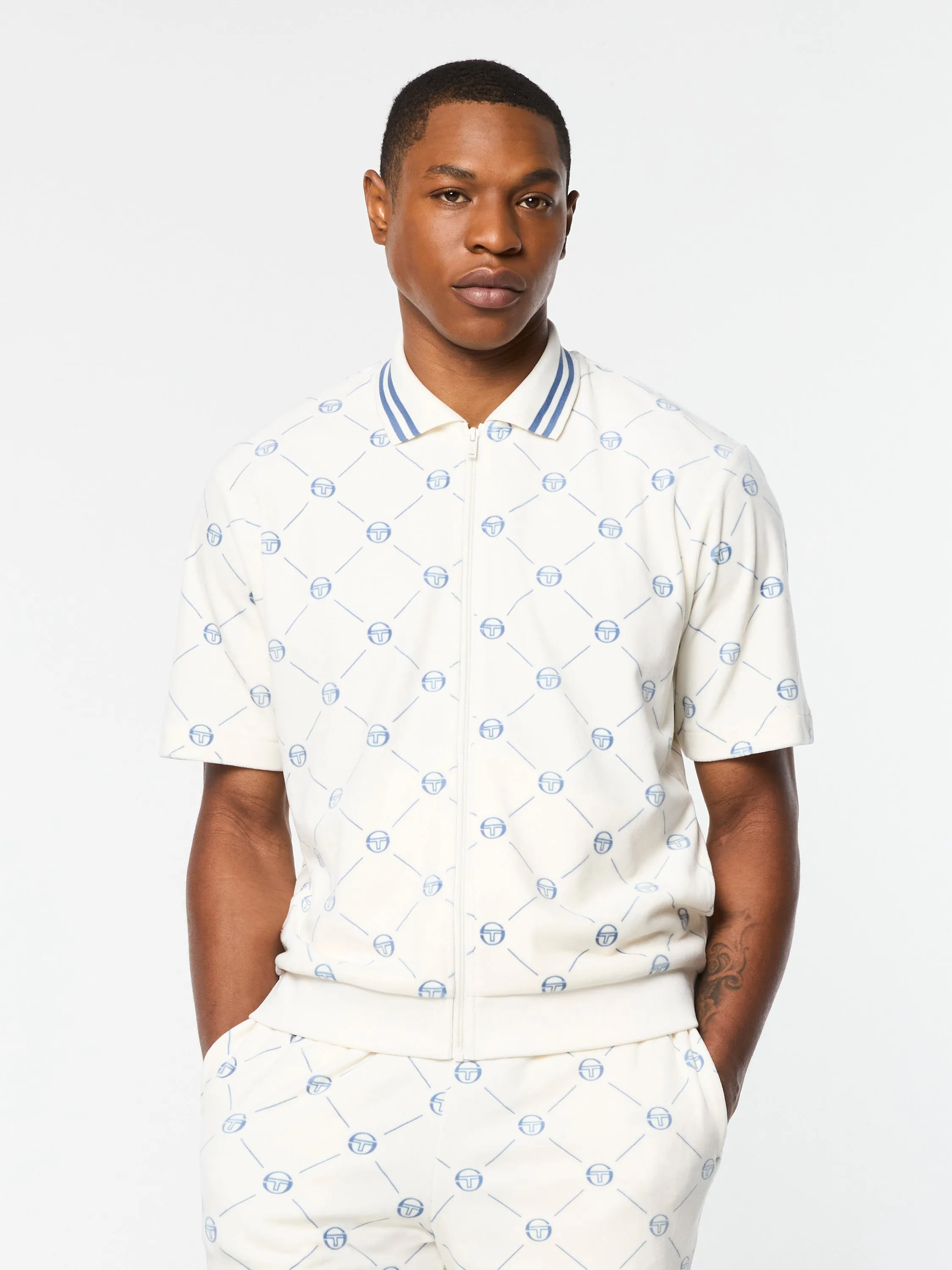 Cosimo Velour Zip-Up Polo- Gardenia