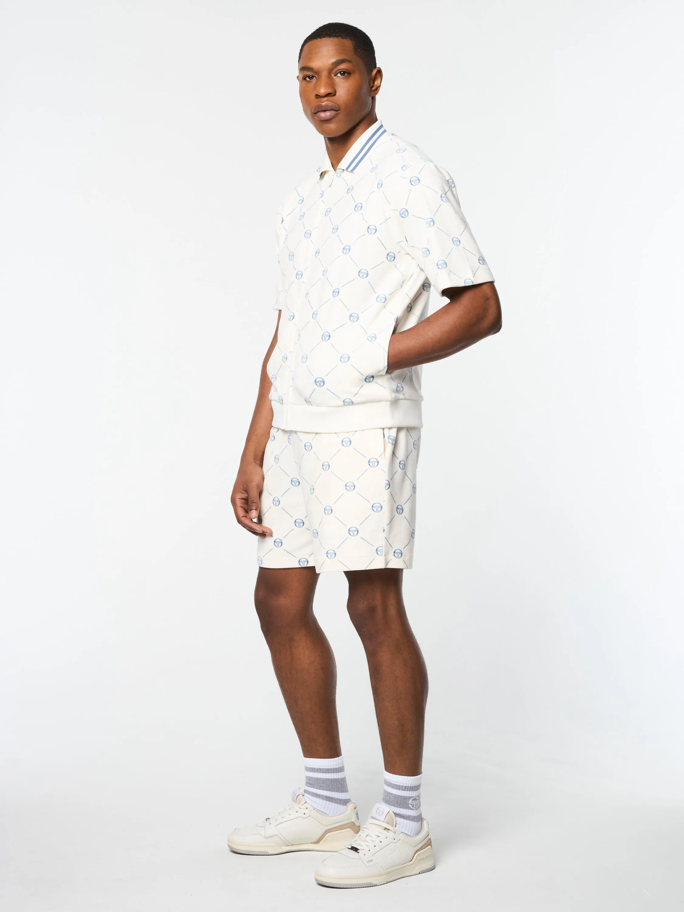 Cosimo Velour Zip-Up Polo- Gardenia