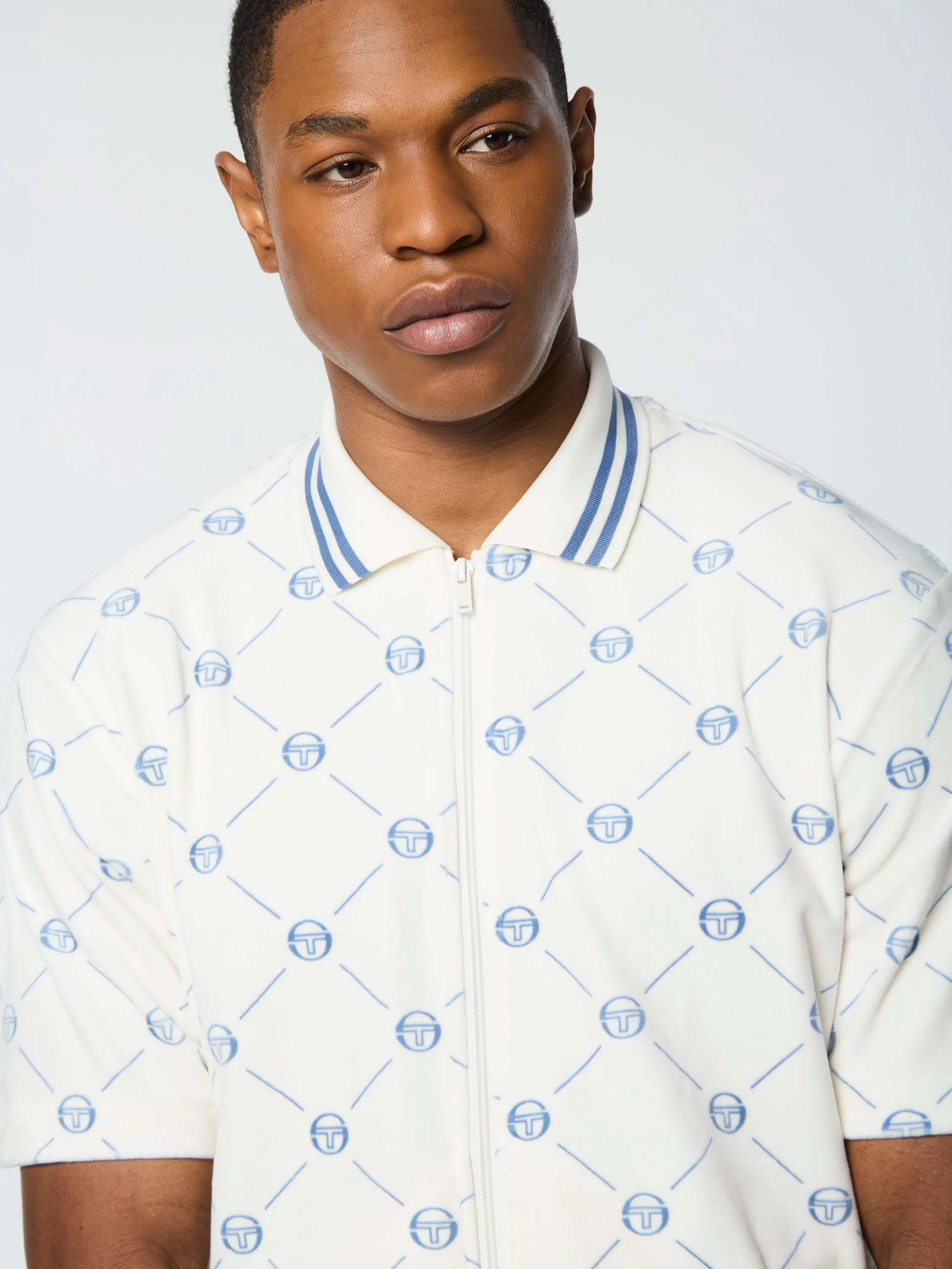 Cosimo Velour Zip-Up Polo- Gardenia