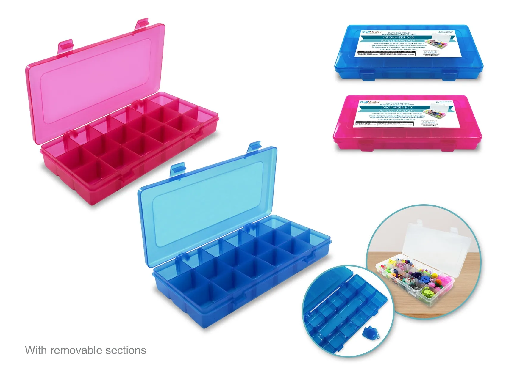 Craft Storage: 9.1"x4.4"x1.3" Organizer Box 18-Comp w/Lid  Blue   Pink
