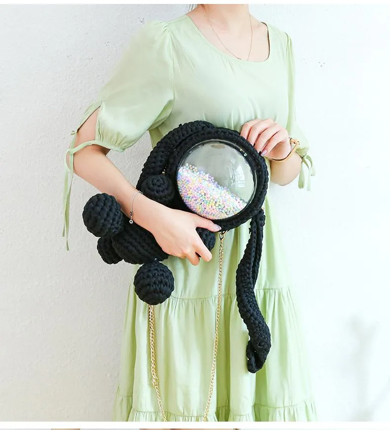 Cute Black Crochet Bunny Backpack Rabbit Crochet Shoulder Bag for Girl Bunny Crochet Crossbody Purse