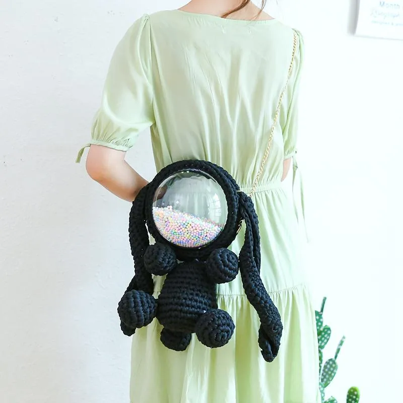 Cute Black Crochet Bunny Backpack Rabbit Crochet Shoulder Bag for Girl Bunny Crochet Crossbody Purse