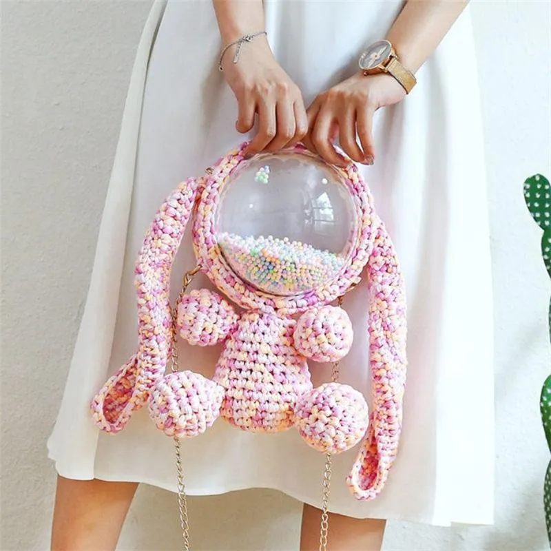 Cute Black Crochet Bunny Backpack Rabbit Crochet Shoulder Bag for Girl Bunny Crochet Crossbody Purse