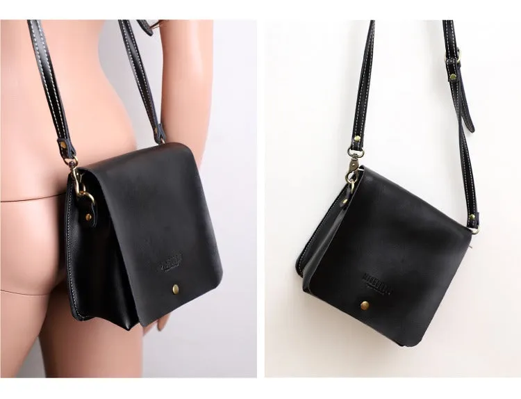Cute Black LEATHER Square Side Bag Handmade WOMEN Phone Crossbody BAG Purse FOR WOMEN