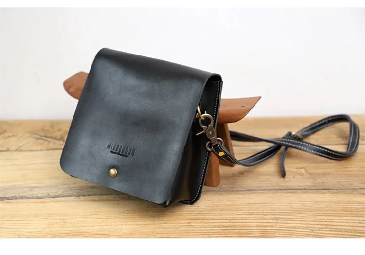 Cute Black LEATHER Square Side Bag Handmade WOMEN Phone Crossbody BAG Purse FOR WOMEN