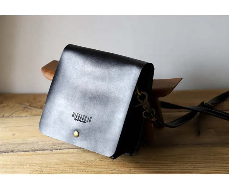 Cute Black LEATHER Square Side Bag Handmade WOMEN Phone Crossbody BAG Purse FOR WOMEN
