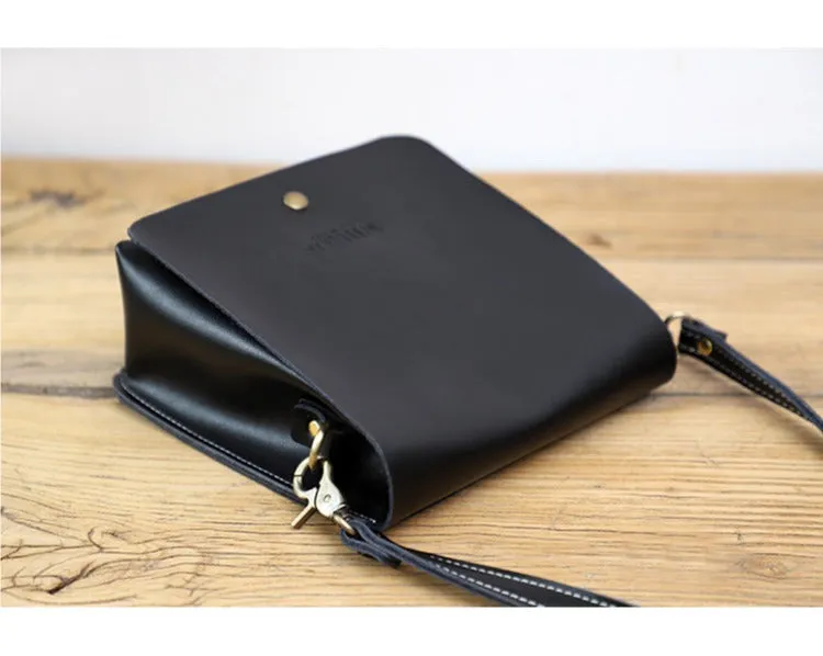 Cute Black LEATHER Square Side Bag Handmade WOMEN Phone Crossbody BAG Purse FOR WOMEN