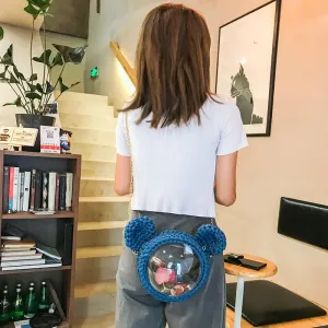 Cute Dark Blue Crochet Mouse Backpack Mouse Crochet Shoulder Bag for Girl Mouse Crochet Crossbody Purse