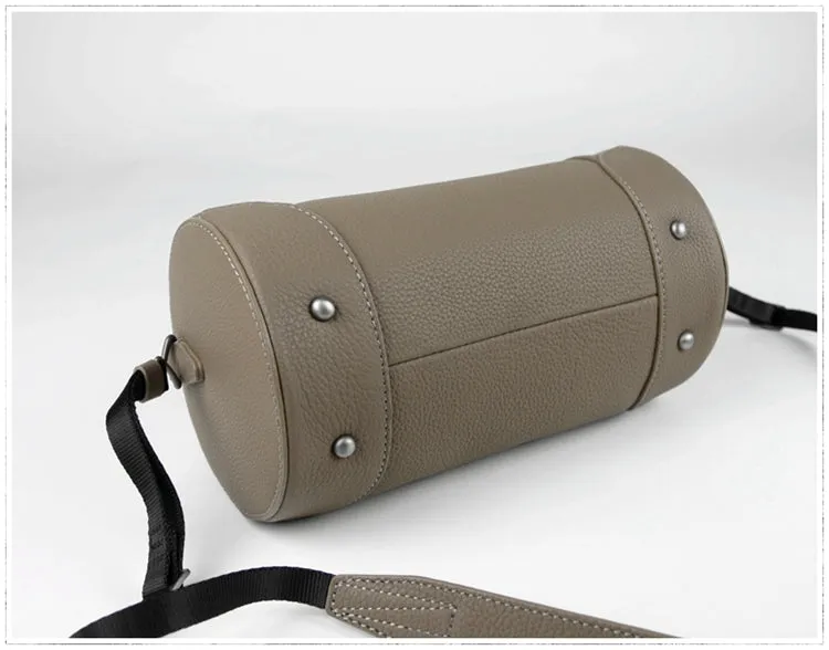 Cute Womens Light Gray Leather Bucket Shoulder Purse Barrel Crossbody Bag Purse for Ladies