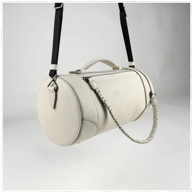 Cute Womens Light Gray Leather Bucket Shoulder Purse Barrel Crossbody Bag Purse for Ladies