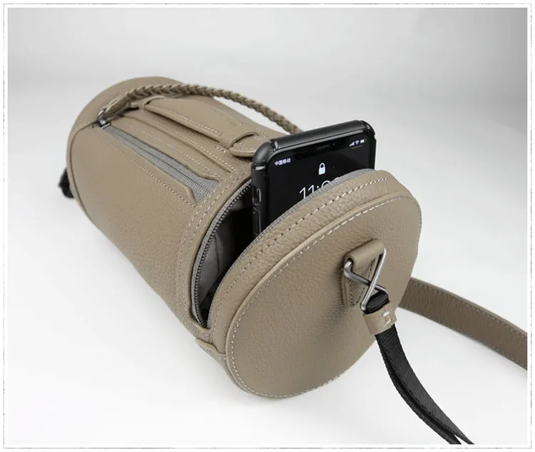 Cute Womens Light Gray Leather Bucket Shoulder Purse Barrel Crossbody Bag Purse for Ladies