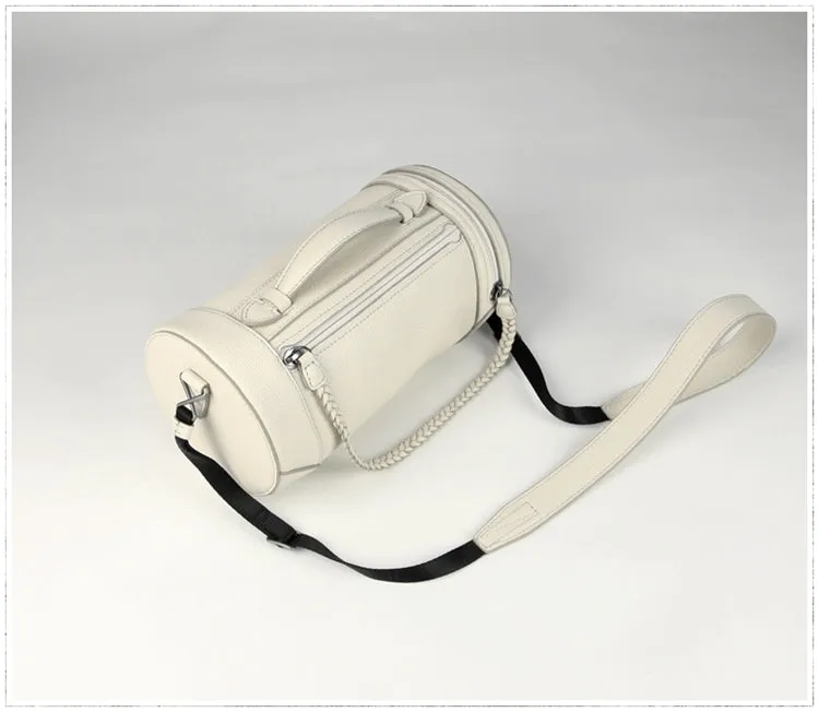 Cute Womens Light Gray Leather Bucket Shoulder Purse Barrel Crossbody Bag Purse for Ladies