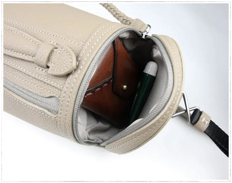 Cute Womens Light Gray Leather Bucket Shoulder Purse Barrel Crossbody Bag Purse for Ladies