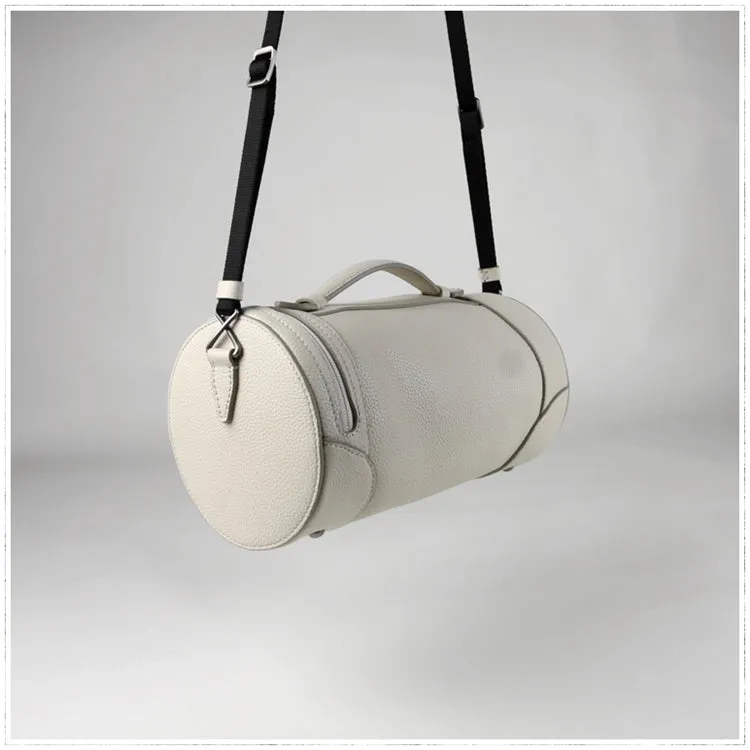 Cute Womens Light Gray Leather Bucket Shoulder Purse Barrel Crossbody Bag Purse for Ladies