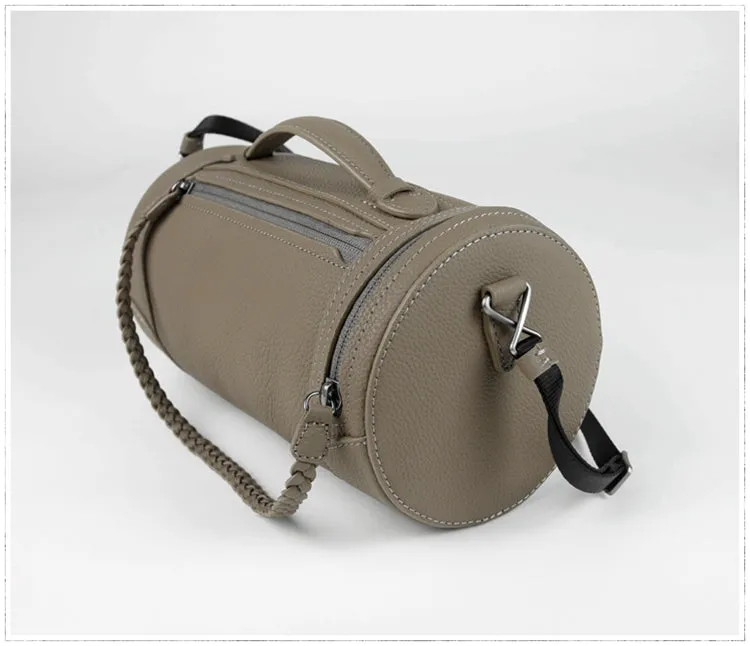 Cute Womens Light Gray Leather Bucket Shoulder Purse Barrel Crossbody Bag Purse for Ladies