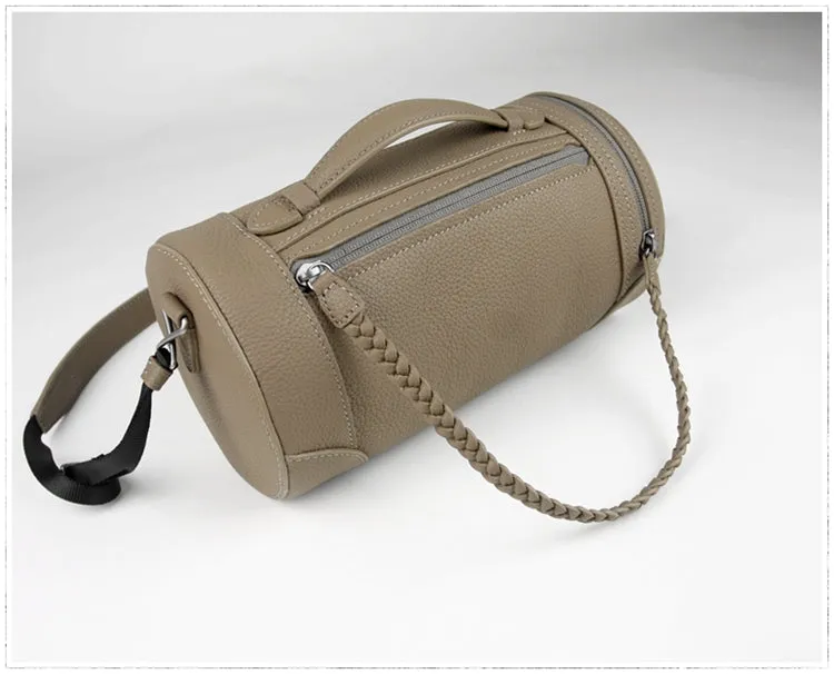 Cute Womens Light Gray Leather Bucket Shoulder Purse Barrel Crossbody Bag Purse for Ladies