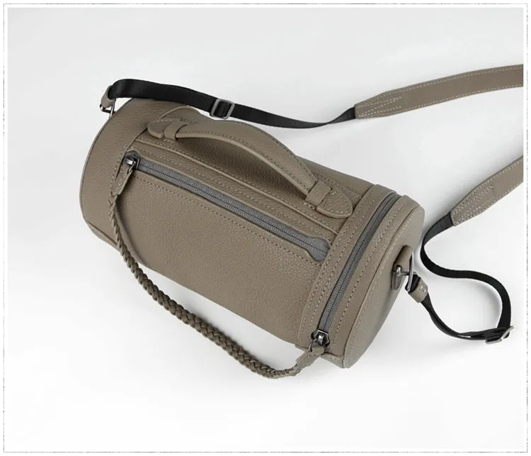 Cute Womens Light Gray Leather Bucket Shoulder Purse Barrel Crossbody Bag Purse for Ladies