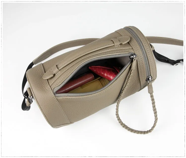 Cute Womens Light Gray Leather Bucket Shoulder Purse Barrel Crossbody Bag Purse for Ladies