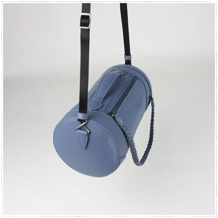 Cute Womens Light Gray Leather Bucket Shoulder Purse Barrel Crossbody Bag Purse for Ladies