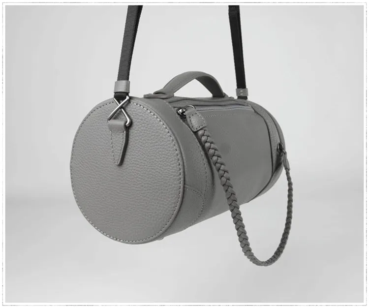 Cute Womens Light Gray Leather Bucket Shoulder Purse Barrel Crossbody Bag Purse for Ladies