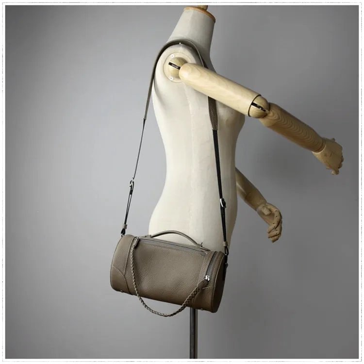 Cute Womens Light Gray Leather Bucket Shoulder Purse Barrel Crossbody Bag Purse for Ladies