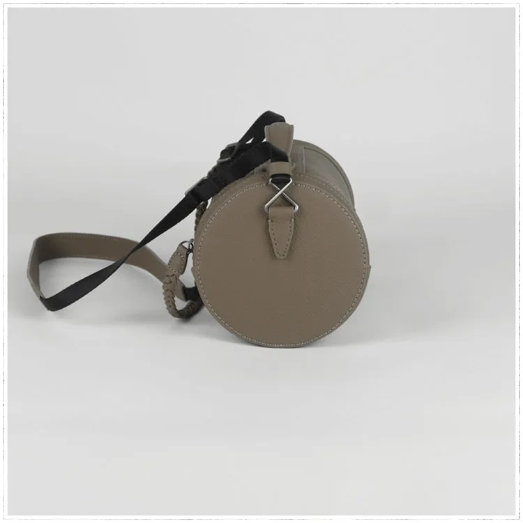 Cute Womens Light Gray Leather Bucket Shoulder Purse Barrel Crossbody Bag Purse for Ladies
