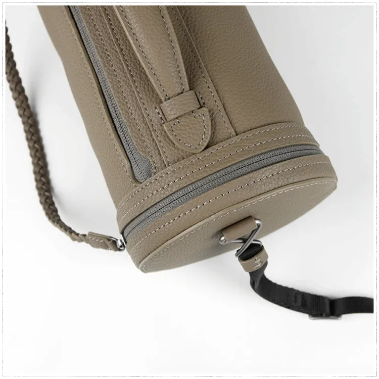 Cute Womens Light Gray Leather Bucket Shoulder Purse Barrel Crossbody Bag Purse for Ladies