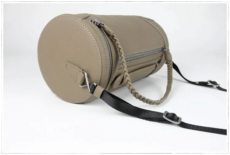 Cute Womens Light Gray Leather Bucket Shoulder Purse Barrel Crossbody Bag Purse for Ladies