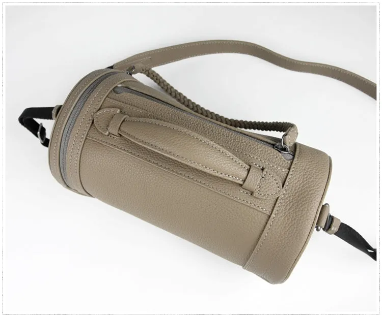 Cute Womens Light Gray Leather Bucket Shoulder Purse Barrel Crossbody Bag Purse for Ladies