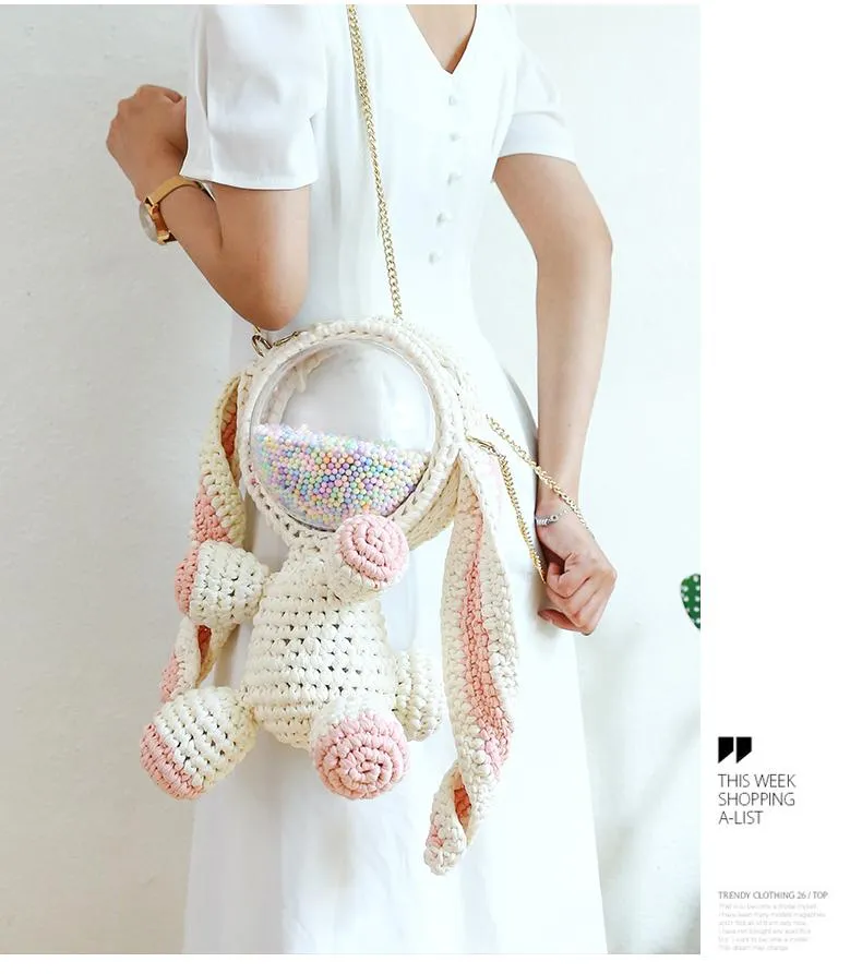 Cute Yellow&White Crochet Bunny Backpack Rabbit Crochet Shoulder Bag for Girl Bunny Crochet Crossbody Purse