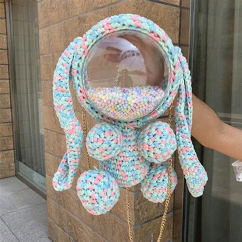 Cute Yellow&White Crochet Bunny Backpack Rabbit Crochet Shoulder Bag for Girl Bunny Crochet Crossbody Purse