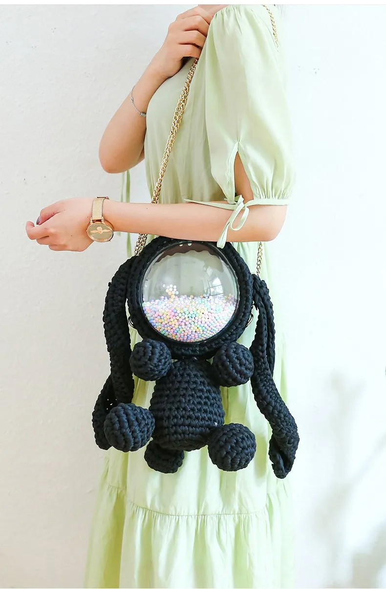 Cute Yellow&White Crochet Bunny Backpack Rabbit Crochet Shoulder Bag for Girl Bunny Crochet Crossbody Purse