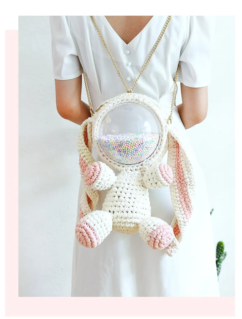 Cute Yellow&White Crochet Bunny Backpack Rabbit Crochet Shoulder Bag for Girl Bunny Crochet Crossbody Purse