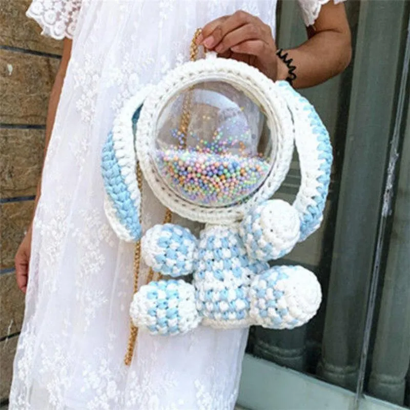 Cute Yellow&White Crochet Bunny Backpack Rabbit Crochet Shoulder Bag for Girl Bunny Crochet Crossbody Purse