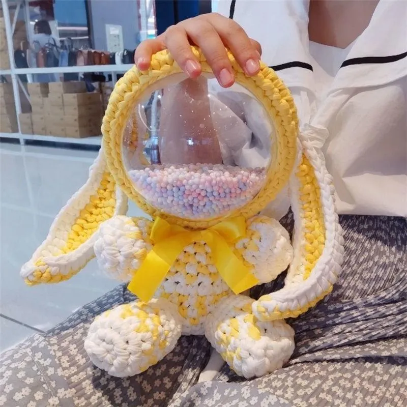 Cute Yellow&White Crochet Bunny Backpack Rabbit Crochet Shoulder Bag for Girl Bunny Crochet Crossbody Purse