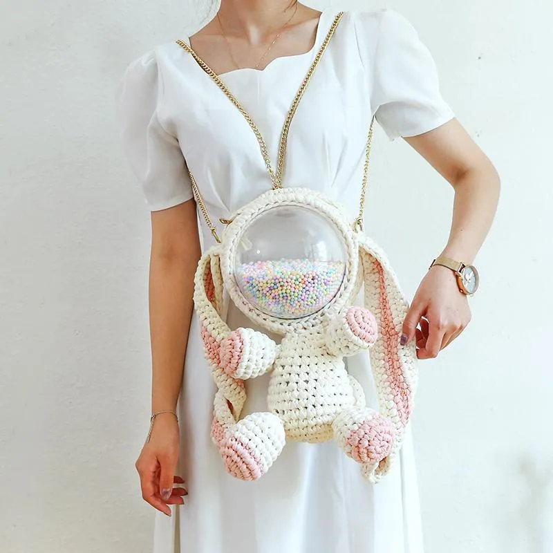 Cute Yellow&White Crochet Bunny Backpack Rabbit Crochet Shoulder Bag for Girl Bunny Crochet Crossbody Purse