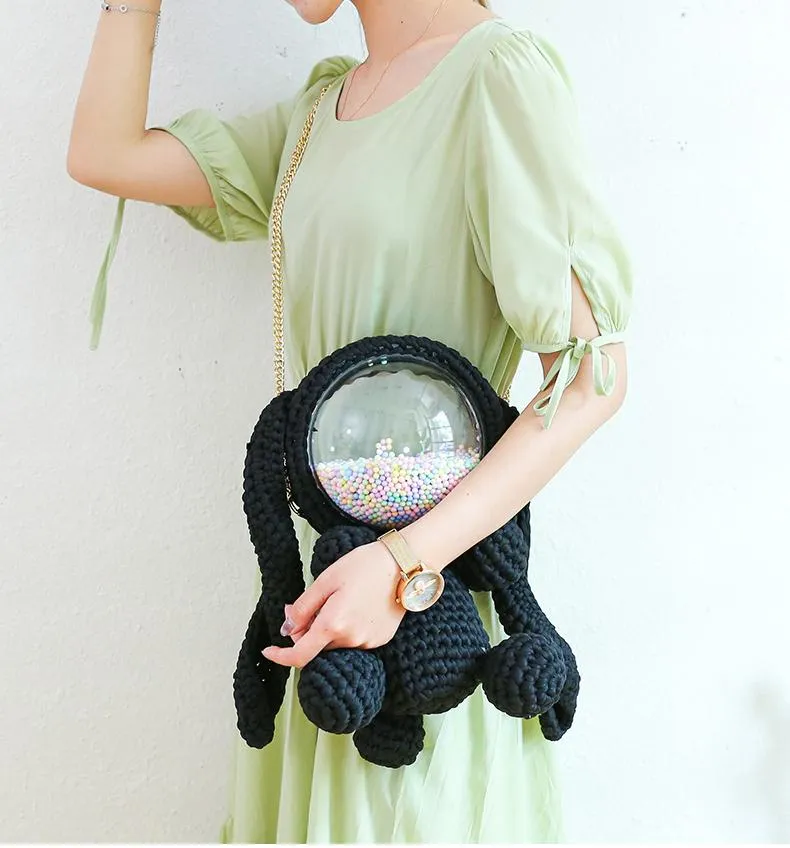 Cute Yellow&White Crochet Bunny Backpack Rabbit Crochet Shoulder Bag for Girl Bunny Crochet Crossbody Purse