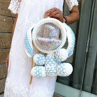 Cute Yellow&White Crochet Bunny Backpack Rabbit Crochet Shoulder Bag for Girl Bunny Crochet Crossbody Purse