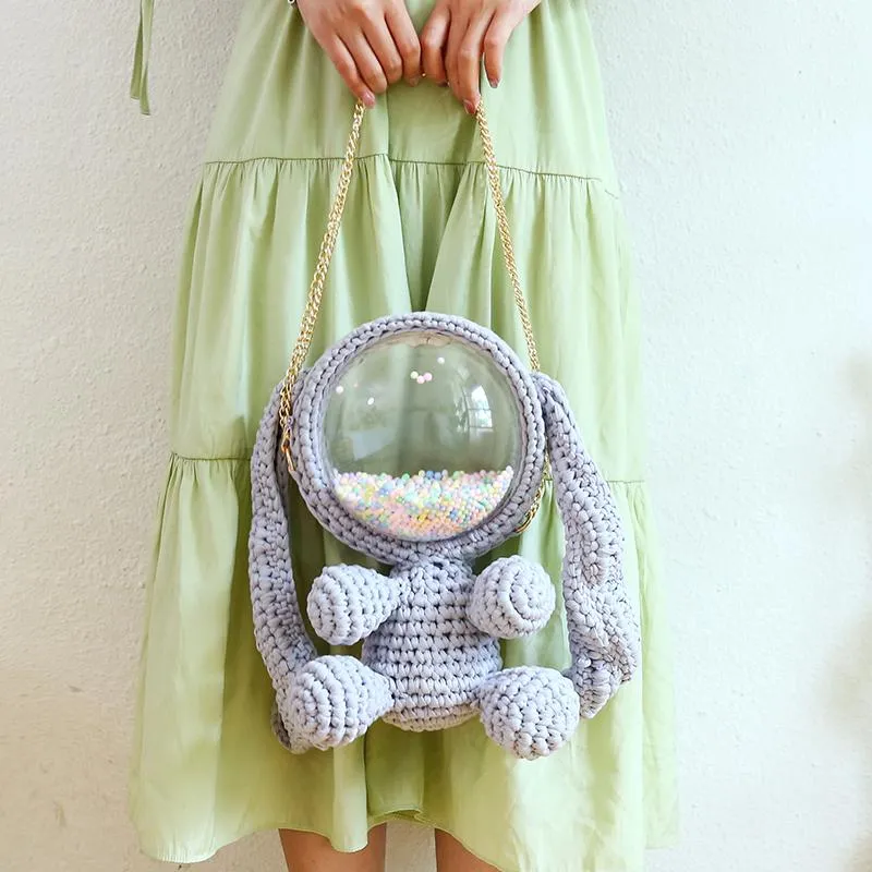 Cute Yellow&White Crochet Bunny Backpack Rabbit Crochet Shoulder Bag for Girl Bunny Crochet Crossbody Purse