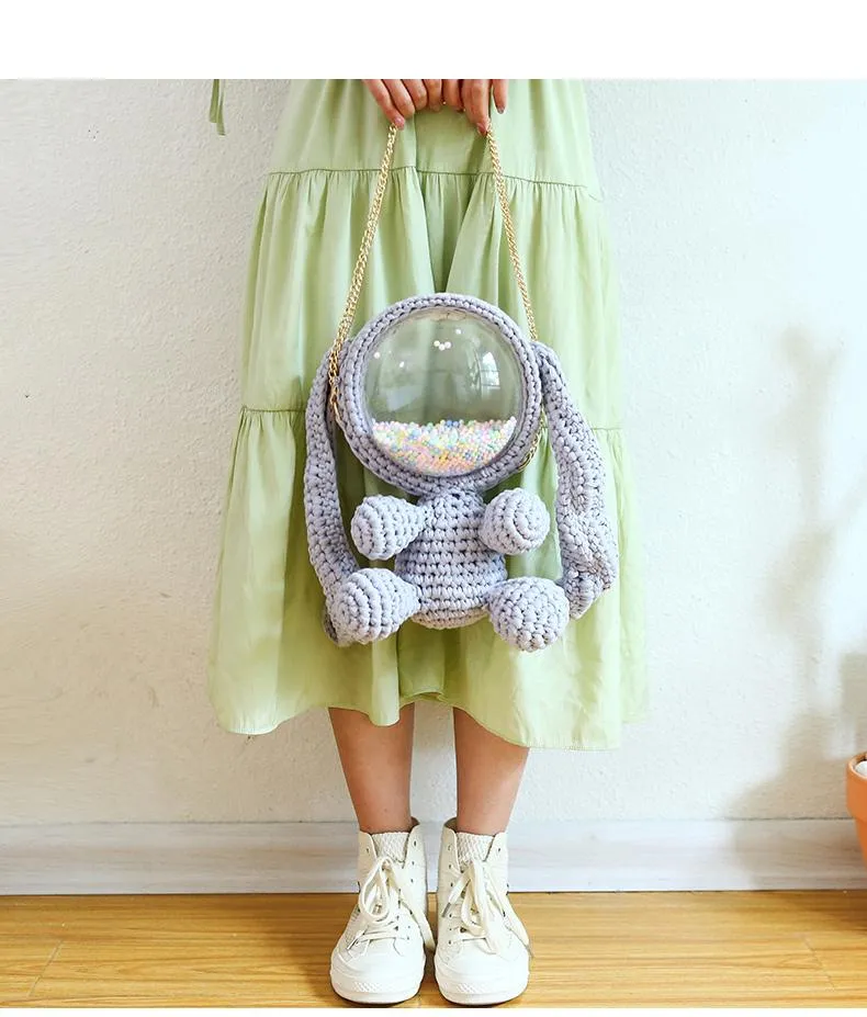 Cute Yellow&White Crochet Bunny Backpack Rabbit Crochet Shoulder Bag for Girl Bunny Crochet Crossbody Purse
