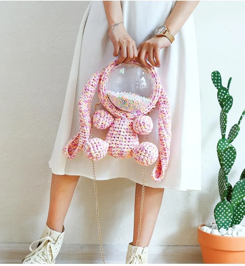 Cute Yellow&White Crochet Bunny Backpack Rabbit Crochet Shoulder Bag for Girl Bunny Crochet Crossbody Purse