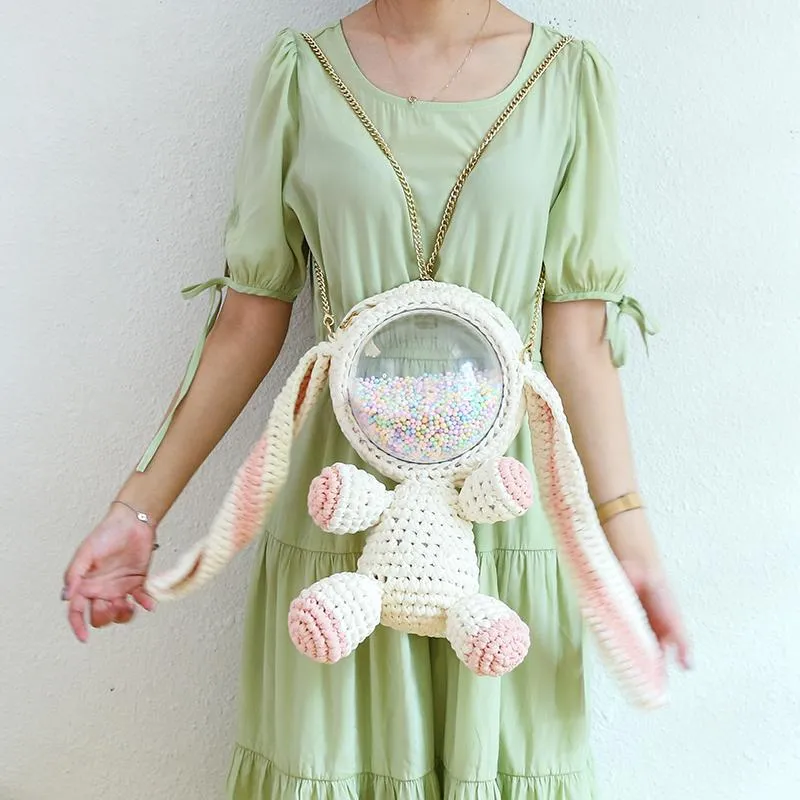 Cute Yellow&White Crochet Bunny Backpack Rabbit Crochet Shoulder Bag for Girl Bunny Crochet Crossbody Purse